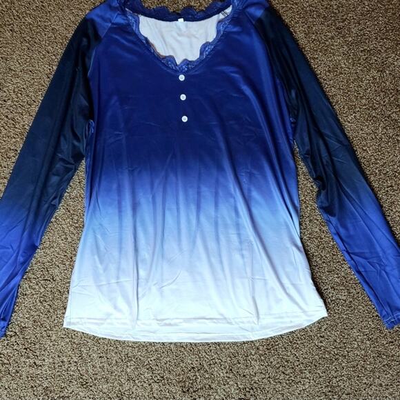 Jersey Knit Ombre Lace Shirt V-Neck Long Sleeve Pullover Tee Top Blue White - Picture 6 of 8